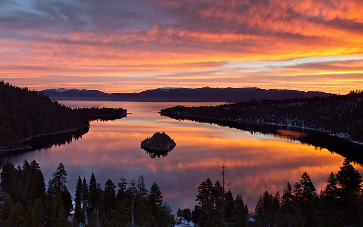 USA, California, Lake Tahoe, morning scenery, trees, sunrise, USA, California, Lake, Morning, Scenery, Trees, Sunrise, HD wallpaper