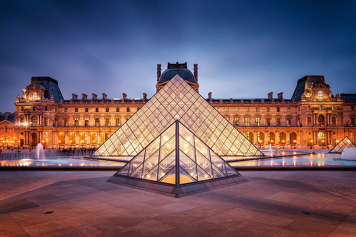 Louvre Museum, France, the city, France, Paris, the evening, The Louvre, lighting, backlight, area, pyramid, fountain, Museum, architecture, twilight, Louvre, The Louvre museum, HD wallpaper