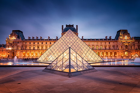Louvre Müzesi, Fransa, şehir, Fransa, Paris, akşam, Louvre, aydınlatma, arka ışık, alan, piramit, çeşme, Müze, mimari, alacakaranlık, Louvre, Louvre müzesi, HD masaüstü duvar kağıdı HD wallpaper