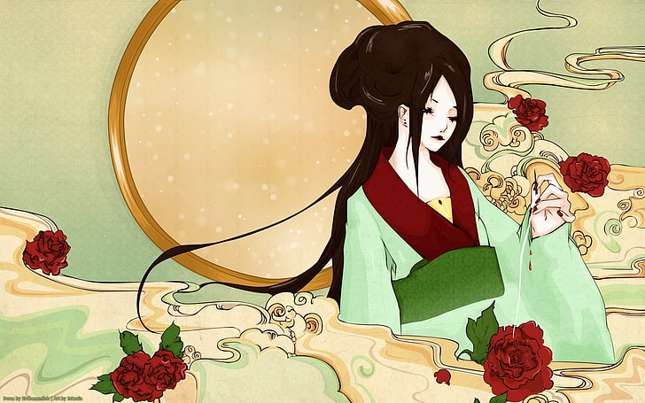 black-haired woman holding flowers illustration, girl, brunette, kimono, roses, needle, blood, HD wallpaper