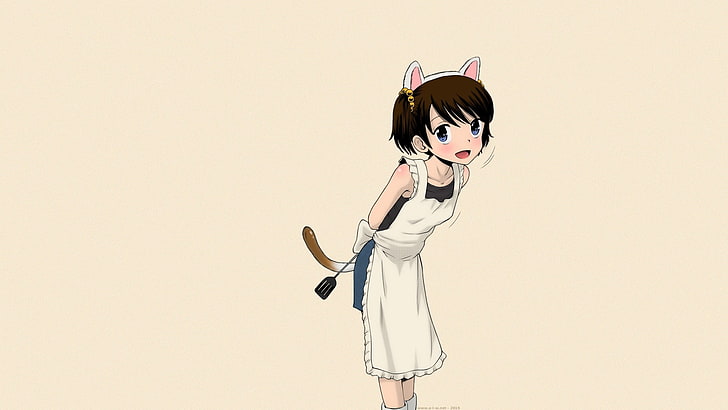 kobiece anime z tapetą fartucha i kitty alice band, TAMACHI Yuki, fartuch, kotka, krótkie włosy, krótka spódniczka, ciemne włosy, manga, anime girls, twintails, Tapety HD
