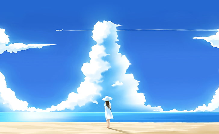 Beautiful Summer Day Illustration, animated cloud formation digital wallpaper, Artistic, Anime, Illustration, Girl, Beautiful, Summer, Airplane, Clouds, blue sky, HD wallpaper
