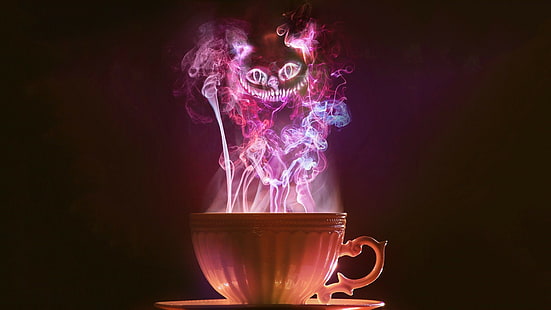 Alice in Wonderland, Cheshire Cat, cup, smoke, fantasy art, HD wallpaper HD wallpaper