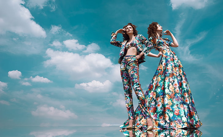 Summer, Floral Prints Clothing, Models, Sky, Girls, Style, People, Summer, Designer, Female, Gorgeous, Fashion, Collection, Models, Elegant, Dress, Stylish, floral, Outfit, Clothing, Pants, clothes, formal, Duquevelez, skyclouds, trousers, FloorLength, HD wallpaper