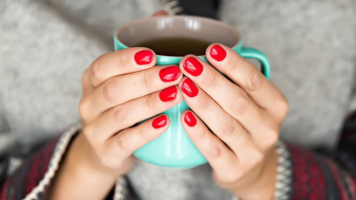 coffee, hands-nails-finger-mug-manicure-red-manicure, HD wallpaper