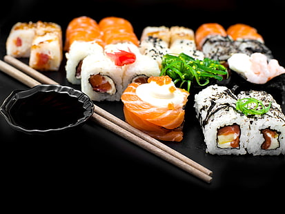 sushi food, rolls, sushi, seafood, Japanese cuisine, HD wallpaper HD wallpaper