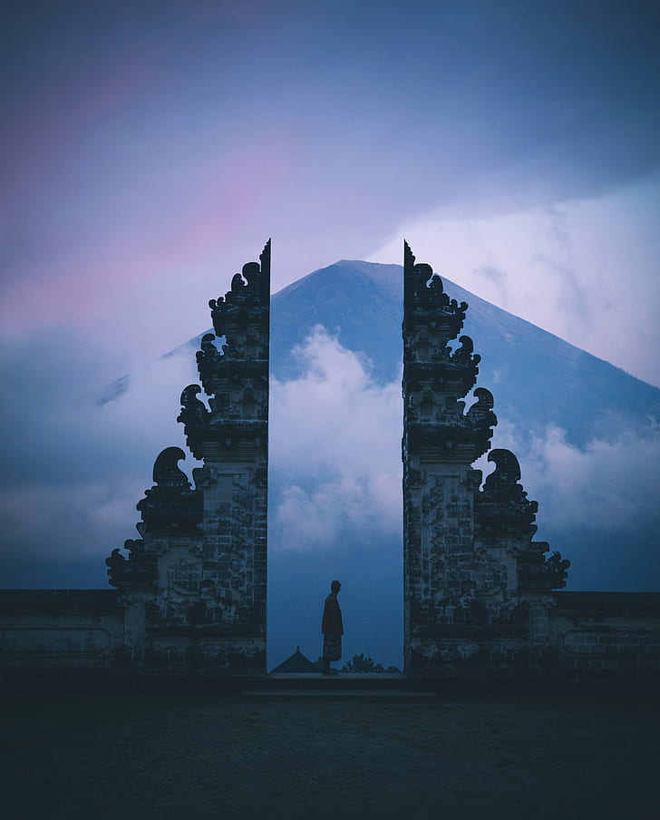 puerta, silueta, soledad, niebla, bali, indonesia, Fondo de pantalla HD, fondo de pantalla de teléfono