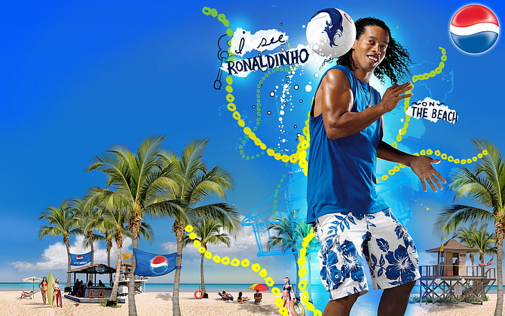illustration de débardeur bleu, Plage, Le ballon, Été, Football, Joueur, Légende, Ronaldinho, Pepsi, Meilleur, Fond d'écran HD