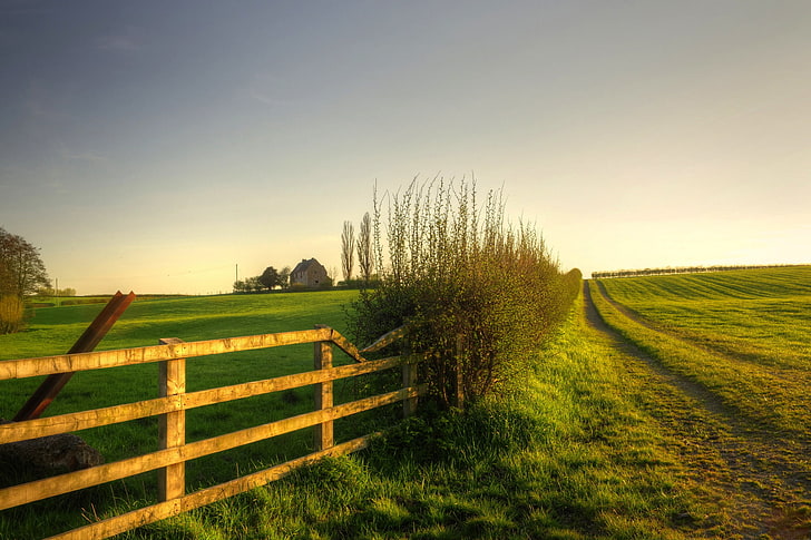 green grass field, greens, field, the sky, grass, landscape, nature, house, background, widescreen, Wallpaper, the fence, plants, fence, gate, meadow, full screen, HD wallpapers, fullscreen, HD wallpaper