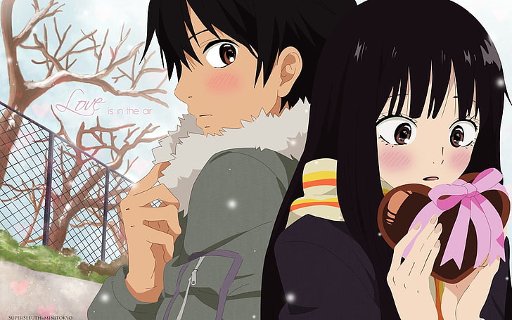 black-haired woman illustration, boy, girl, gift, heart, cold, fence, HD wallpaper