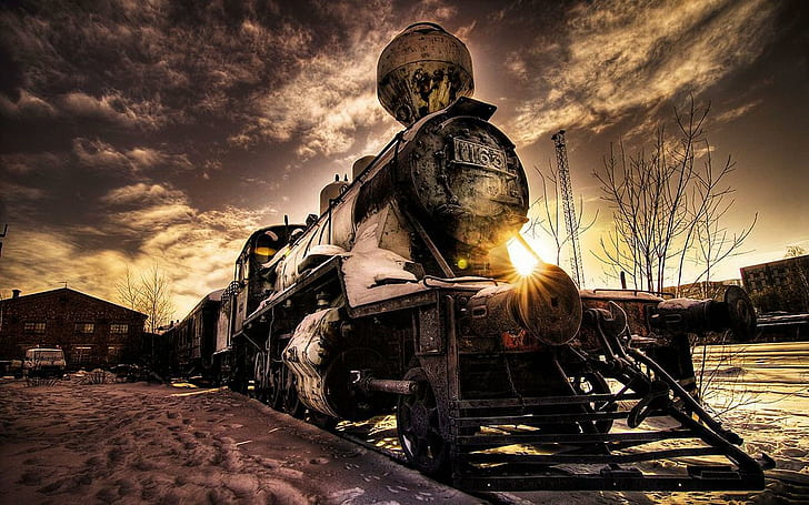 Fantastic Steam Train In Winter's Sunset Hdr, train, tracks, winter, city, steam, sunset, station, cars, HD wallpaper