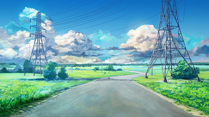 ilustração de post elétrico, linhas de energia, nuvens, azul, verde, verão eterno, ArseniXC, anime, paisagem, estrada, poste, romance visual, obra de arte, HD papel de parede