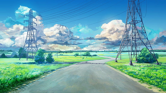 road, clouds, utility pole, anime, visual novel, Everlasting Summer, landscape, blue, power lines, green, artwork, ArseniXC, HD wallpaper HD wallpaper