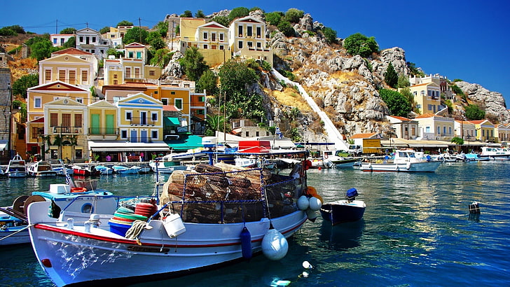 port, europe, greece, symi island, simi, symi, city, watercraft, leisure, water, coast, sea, boat, sky, tourism, harbor, waterway, HD wallpaper