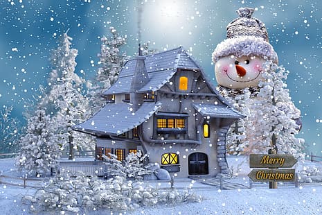  winter, snow, trees, Christmas, snowman, Christmas motif, HD wallpaper HD wallpaper