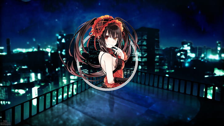 Date A Live, vista nocturna, renderizado en formas, Tokisaki Kurumi, picture-in-picture, Fondo de pantalla HD
