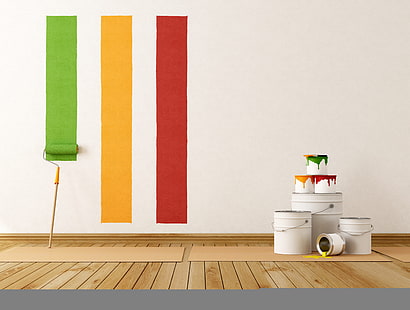 várias latas de tinta plástica branca redonda e balde, interior, pintura, conceito, rolo, parede, HD papel de parede HD wallpaper