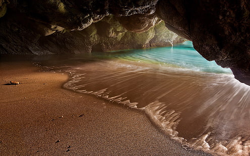 водоем, природа, пейзаж, пещера, плаж, море, пясък, скала, пещера, вода, скрит, HD тапет HD wallpaper