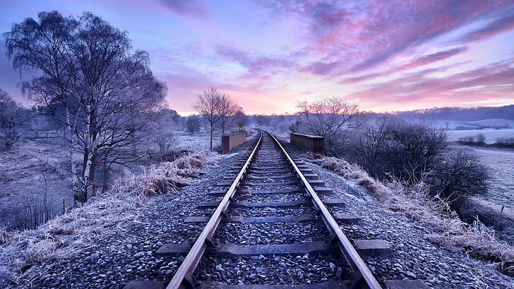 rail, landscape, clouds, tree, nature, track, tracks, railway, railroad, hoarfrost, winter, purple landscape, HD wallpaper