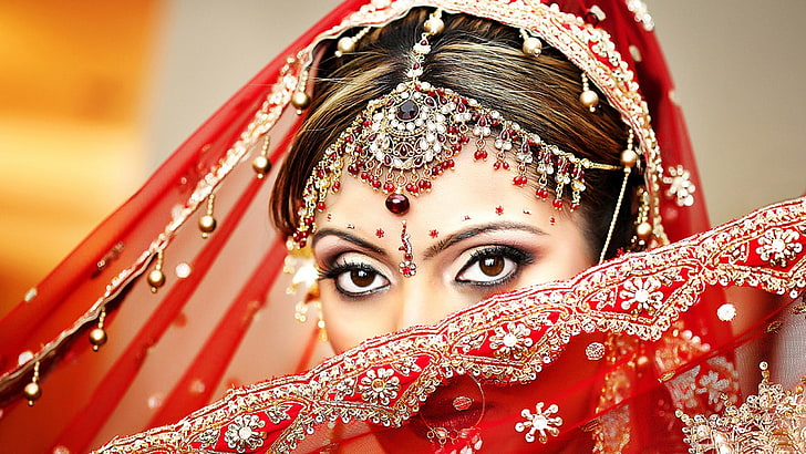 インドの花嫁-写真のHDの壁紙、女性の赤いヒジャーブの頭飾り、 HDデスクトップの壁紙
