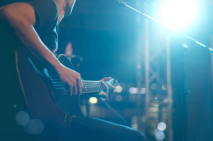 lights, scene, guitar, strings, music, blur, sound, concert, hall, tool, musician, colorful, plays, frets, bokeh, musical, live, six-string, ., instrument, HD wallpaper