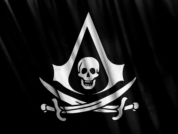 Assassins Creed شعار العلم الأسود - جدار عالي الجودة .. ، شعار جمجمة أبيض وأسود، خلفية HD