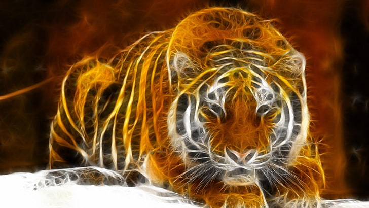 tiger, abstract, digital art, big cat, light, flame, artwork, HD wallpaper