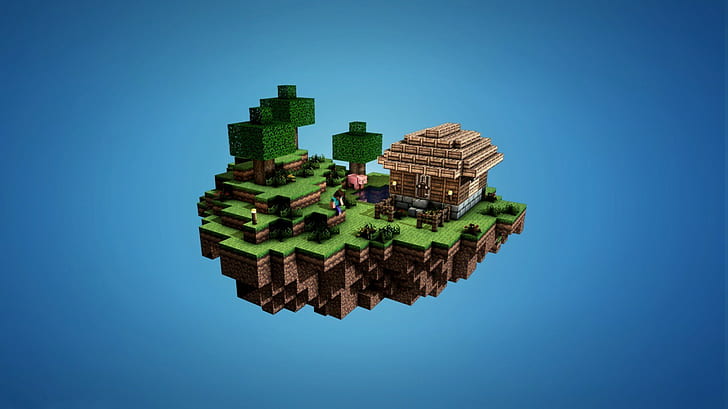 minecraft video games house floating island simple background, HD wallpaper