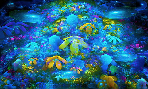 pintura abstrata azul, amarela e vermelha, resumo, flores fractal, fractal, HD papel de parede HD wallpaper