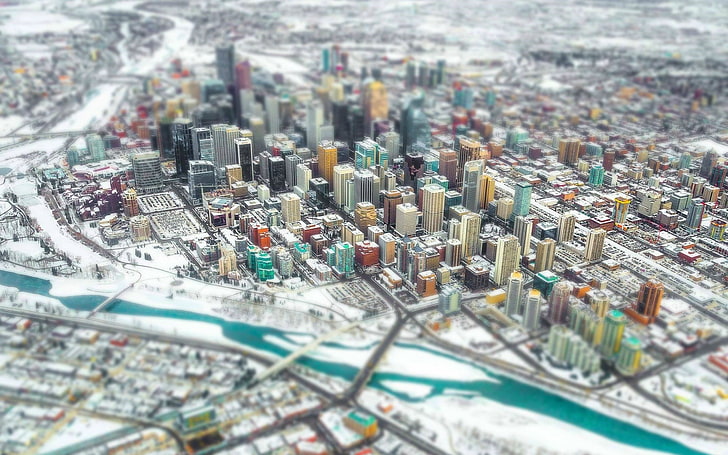 wieżowiec, miasto, pejzaż miejski, śnieg, zima, budynek, rzeka, tilt shift, urban, Calgary, Kanada, Tapety HD