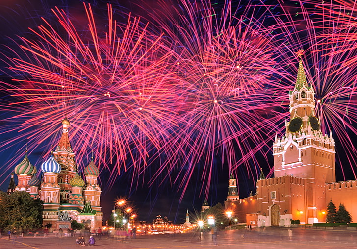 fuochi d'artificio rosa, notte, saluto, Mosca, il Cremlino, Russia, Piazza Rossa, Cremlino, Sfondo HD