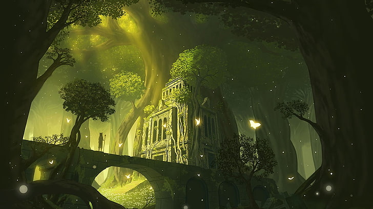 graue konkrete digitale Tapete des Gebäudes im Wald, Ruine, Tempel, Wald, Fantasiekunst, HD-Hintergrundbild