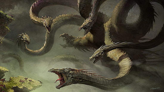 Drache, Fantasiekunst, Kreatur, Hydra, Held, Drache, Fantasiekunst, Kreatur, Hydra, Held, HD-Hintergrundbild HD wallpaper
