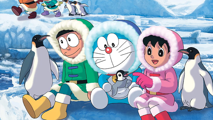 Doraemon, Antarktyda zimno, śnieg, pingwiny, Doraemon, Antarktyda, zimno, śnieg, pingwiny, Tapety HD