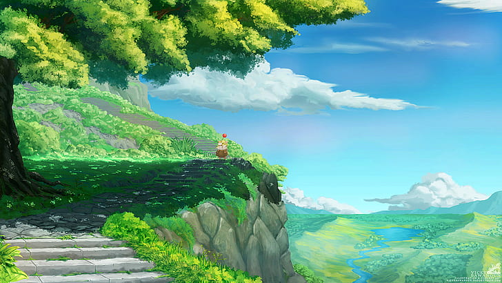 Final Fantasy IX, стильцкин, Moogle, пейзаж, фэнтези-арт, деревья, река, небо, лестницы, облака, squaresoft, природа, иллюстрации, видеоигры, персонажи видеоигр, HD обои