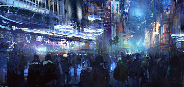 groupe de personnes marchant dans la ville pendant la nuit, œuvres d'art, art numérique, ville, futuriste, cyberpunk, Fond d'écran HD