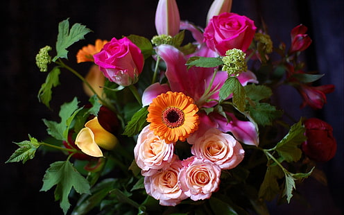 Un ramo de rosas, crisantemos, ramo de flores de pétalos de color rosa naranja y amarillo, ramo, rosas, crisantemos, Fondo de pantalla HD HD wallpaper