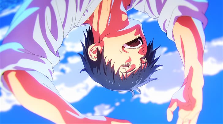 Jujutsu Kaisen, Fushiguro Toji, sorrindo, olhos negros, céu, nuvens, anime, Captura de tela do anime, meninos de anime, HD papel de parede