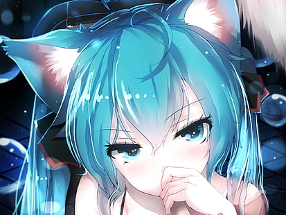 blue haired woman with cat ear illustration, Anime, Vocaloid, Animal Ears, Blue Eyes, Blue Hair, Blush, Girl, Hatsune Miku, Nekomimi, Twintails, HD wallpaper HD wallpaper