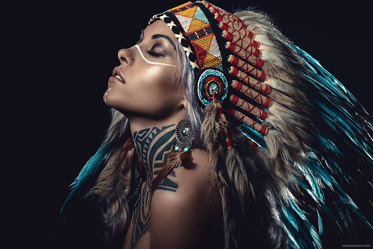 woman, feathers, tattoo, cosplay, American aborigine, HD wallpaper