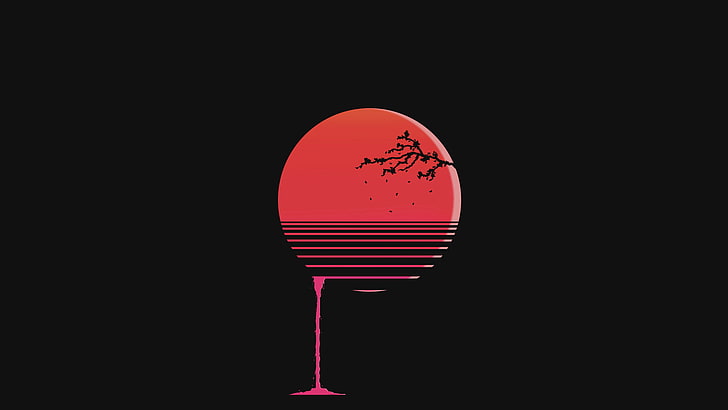 minimalismo, flor de cerezo, rojo, sol, sangre, Photoshop, puesta de sol, Fondo de pantalla HD