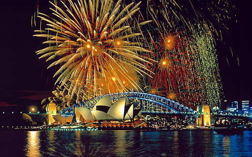 Сиднейский оперный театр, Австралия, Сидней, фейерверк, опера, театр, река, HD обои HD wallpaper
