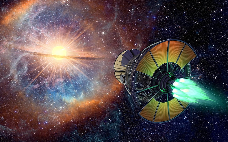 วอลล์เปเปอร์เรืออวกาศสีเหลืองและสีดำงานศิลปะศิลปะจินตนาการอวกาศกาแล็กซี่ดวงดาวนิยายวิทยาศาสตร์, วอลล์เปเปอร์ HD