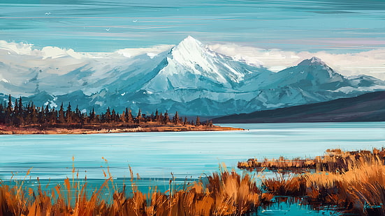 malowanie gór i jezior śniegu, zbiornik wodny w pobliżu góry pokrytej śniegiem, Aenami, sztuka cyfrowa, góry, jezioro, rzeka, krajobraz, cyjan, pomarańczowy, biały, Tapety HD HD wallpaper