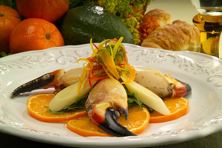 crab claw dish with vegetables, citrus, orange, claws, crab, HD wallpaper