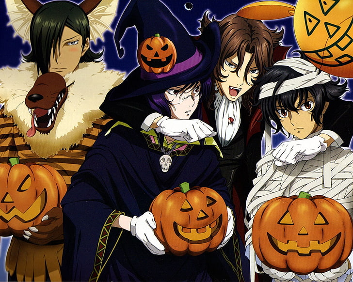 Fondo de pantalla de cuatro personajes de anime masculinos, niños, disfraces, diversión, calabaza, abrazos, Fondo de pantalla HD