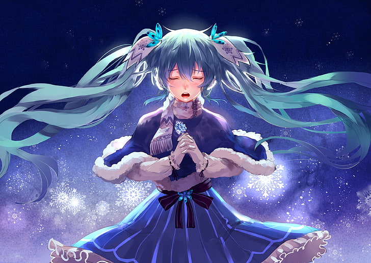vocaloid, hatsune miku, singing, dress, snow, twintails, ribbons, scarf, Anime, HD wallpaper