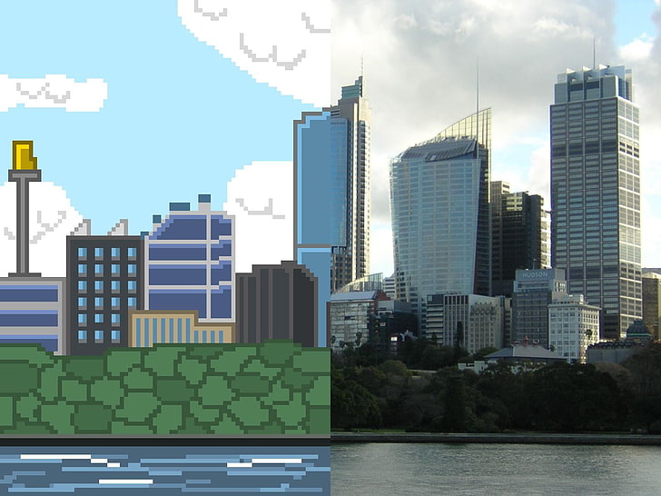 high-rise buildings collage, pixels, pixel art, cityscape, building, skyscraper, river, photo manipulation, clouds, Sydney, Australia, trees, HD wallpaper