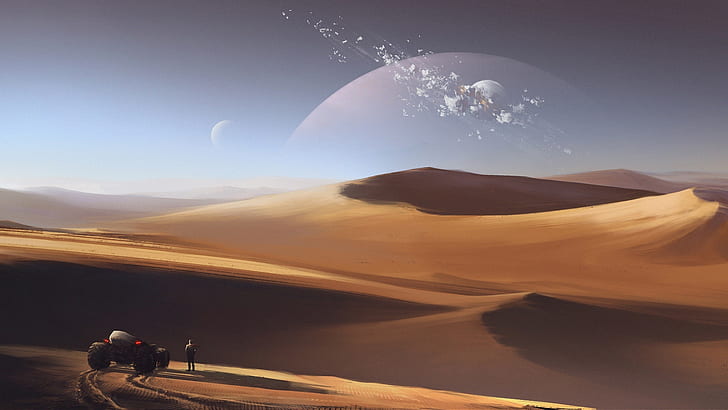 lanskap fantasi, gurun, seni fantasi, bukit pasir, fiksi ilmiah, lanskap scifi, scifi, pasir, Wallpaper HD