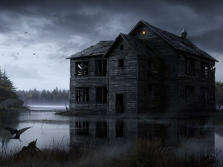 Dunkles gespenstisches Haus auf dem Wasser, graue verlassene Haustapete, Halloween, Dunkelheit, Grau, Wasser, gespenstisch, Häuser, Wolken, unheimlich, Natur und Landschaften, HD-Hintergrundbild